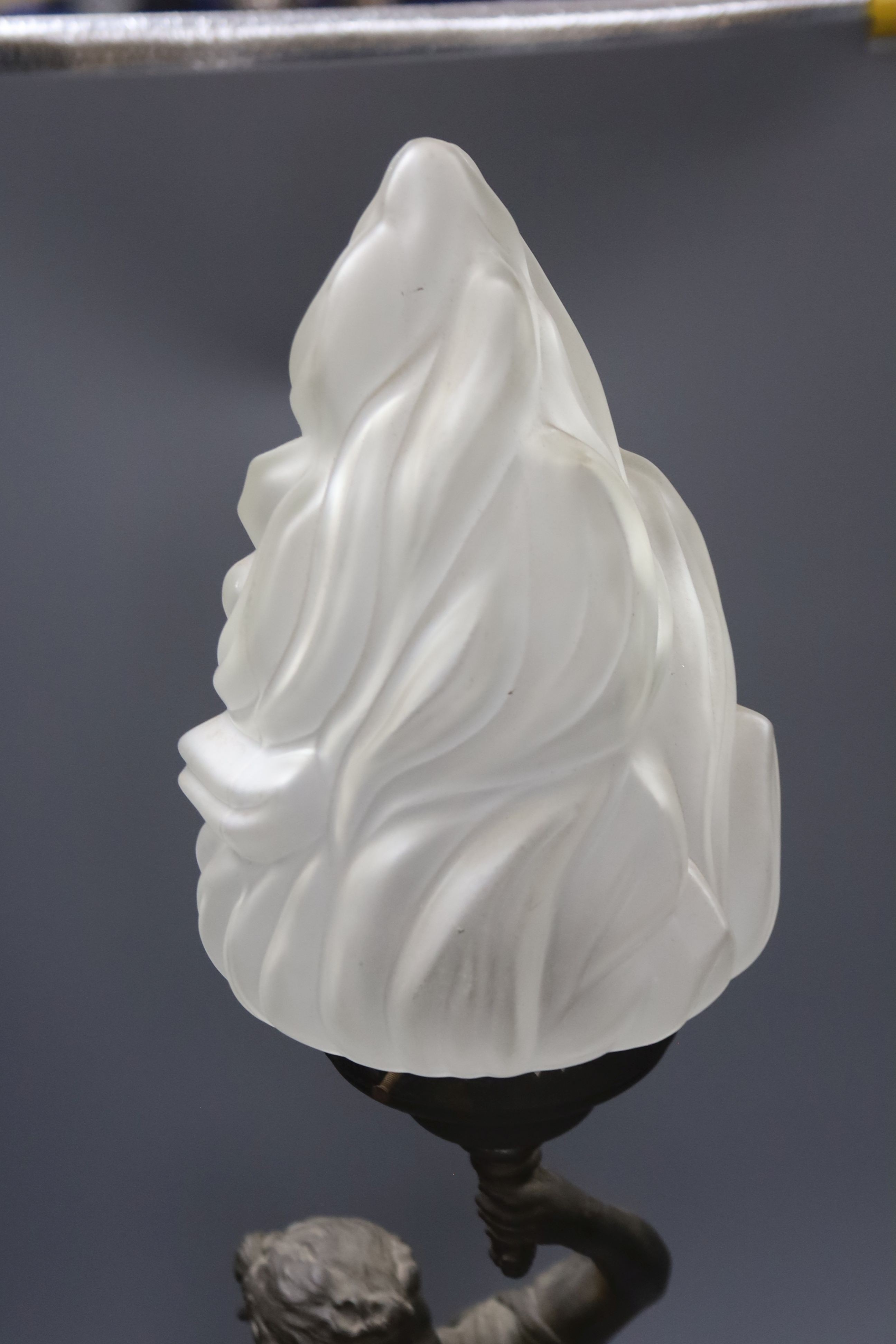 An Art Nouveau spelter figural flame shaded table lamp,74 cms high.